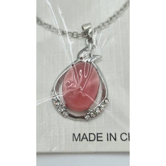 Bijoux By Meera Genuine Pink Chalcedony Stone Pendant w/ Silver Tone Rolo Chain - Picture 4 of 7